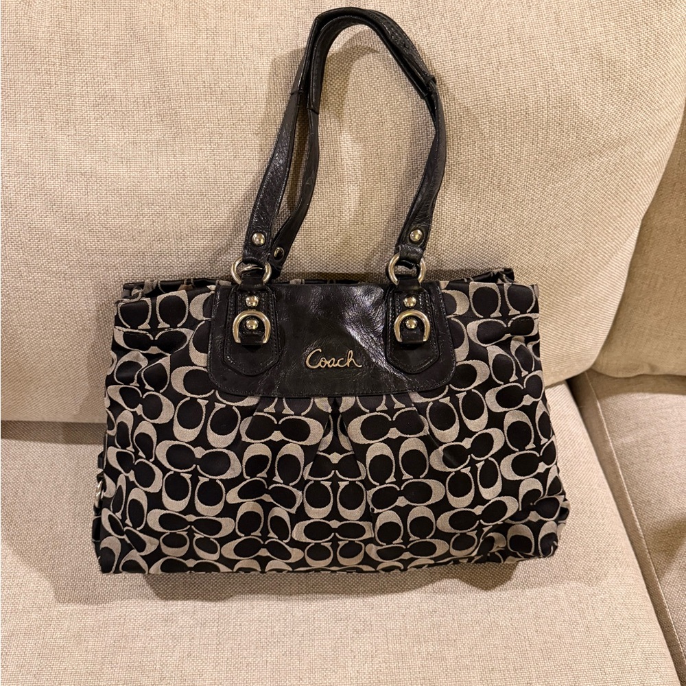 Coach Black and Tan Signature Shoulder Bag